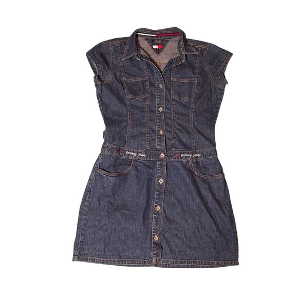 Tommy Girl Denim Shirt Dress w/POCKETS Y2K Retro Casual Utility Button-Up Large - Picture 1 of 11